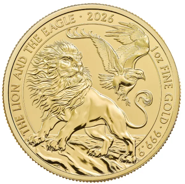 1 Unze Goldmünze Großbritannien 2026 mit dem Motiv Löwe und Adler, geprägt in 999,9er Gold, Wertseite mit Porträt von König Charles III.