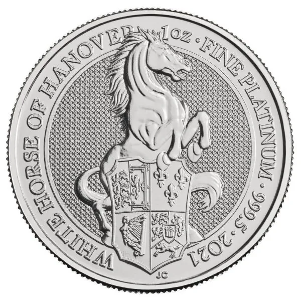 1 Unze Platinmünze Großbritannien 2021 Queen’s Beasts White Horse of Hannover aus 999,5er Platin mit Wappentiermotiv und Porträt von Königin Elizabeth II auf der Wertseite.