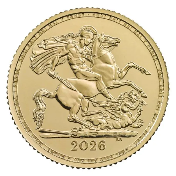 Goldmünze Großbritannien 2026 mit St.-George-und-Drache-Motiv auf der Vorderseite. Rückseite zeigt König Charles III. mit Latentbild und Halbton-Effekt im Randbereich. Mikrogravur am Münzrand der Vorderseite.