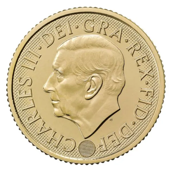 Goldmünze Großbritannien 2026 mit St.-George-und-Drache-Motiv auf der Vorderseite. Rückseite zeigt König Charles III. mit Latentbild und Halbton-Effekt im Randbereich. Mikrogravur am Münzrand der Vorderseite.