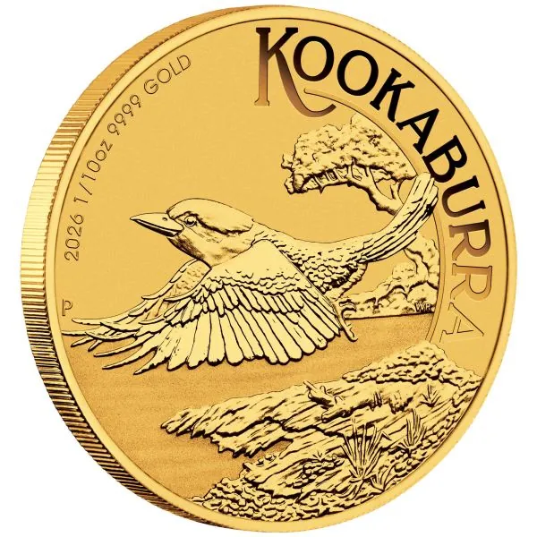 /10 Unze Goldmünze Australien 2026 Kookaburra aus 999,9er Gold, Motiv mit australischem Eisvogel, Wertseite mit Porträt von König Charles III.