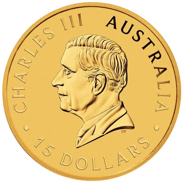 /10 Unze Goldmünze Australien 2026 Kookaburra aus 999,9er Gold, Motiv mit australischem Eisvogel, Wertseite mit Porträt von König Charles III.