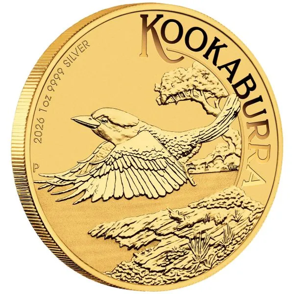 1 Unze Silbermünze Australien 2026 Kookaburra mit partieller Vergoldung im Blister, Privy Mark zur Perth Stamp and Coin Show, geprägt in 999,9er Feinsilber