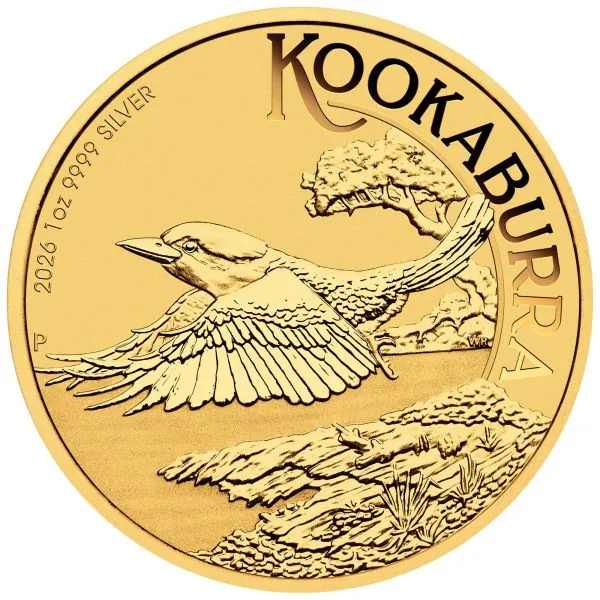 1 Unze Silbermünze Australien 2026 Kookaburra mit partieller Vergoldung im Blister, Privy Mark zur Perth Stamp and Coin Show, geprägt in 999,9er Feinsilber