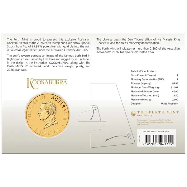 1 Unze Silbermünze Australien 2026 Kookaburra mit partieller Vergoldung im Blister, Privy Mark zur Perth Stamp and Coin Show, geprägt in 999,9er Feinsilber