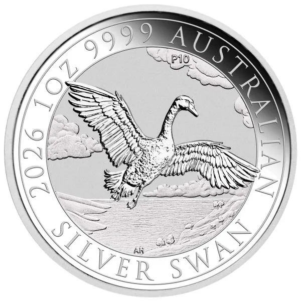 1 Unze Silbermünze Australien 2026 The Swan 10th Anniversary aus 999,9er Feinsilber, Motiv zeigt einen elegant dargestellten Schwan, Wertseite mit Porträt von König Charles III.