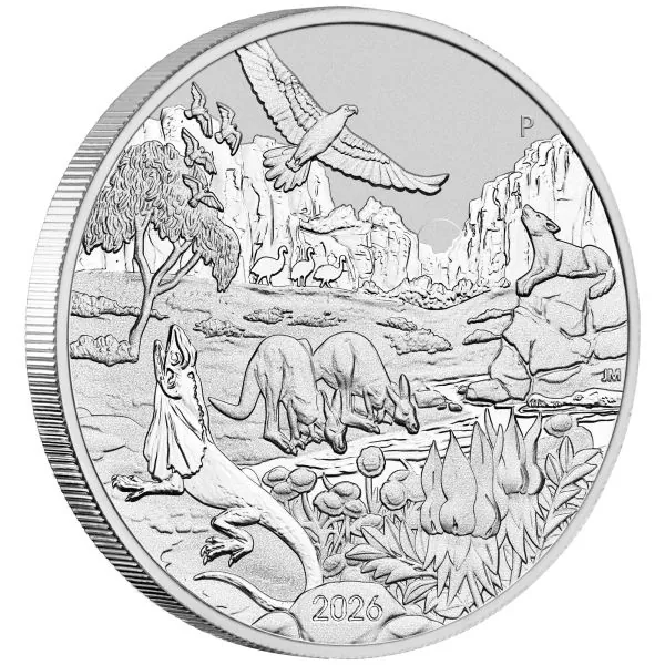 1 Unze Silbermünze Australien 2026 Wonders of Australia The Outback aus 999,9er Feinsilber, Motiv zeigt australische Tierwelt in einer Outback-Landschaft, Wertseite mit Porträt von König Charles III.