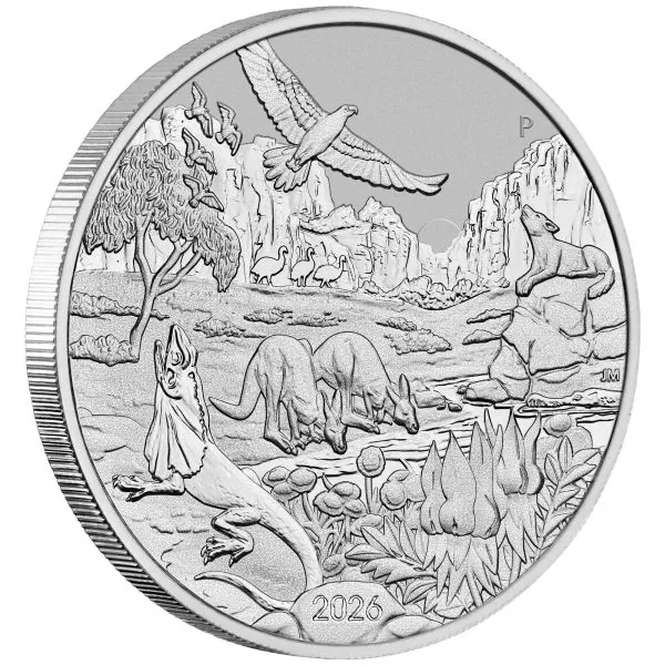 1 Unze Platinmünze Australien 2026 Wonders of Australia The Outback aus 999,5 Platin, Motiv zeigt australische Tierwelt in einer Outback-Landschaft, Wertseite mit Porträt von König Charles III.
