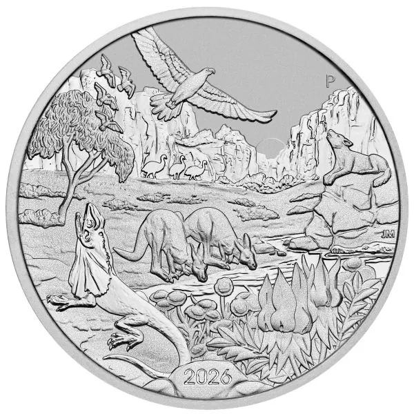 1 Unze Platinmünze Australien 2026 Wonders of Australia The Outback aus 999,5 Platin, Motiv zeigt australische Tierwelt in einer Outback-Landschaft, Wertseite mit Porträt von König Charles III.