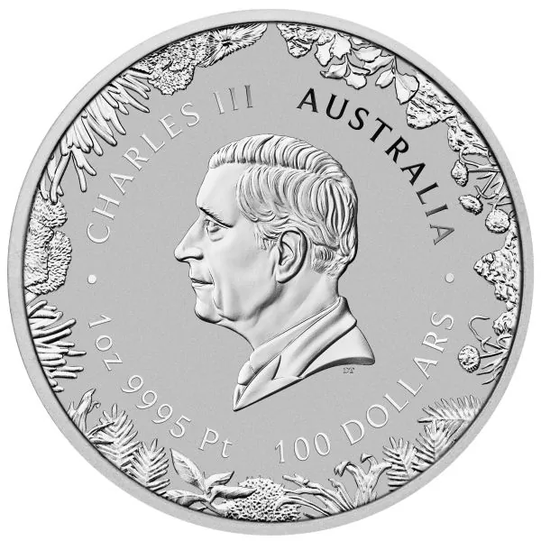 1 Unze Platinmünze Australien 2026 Wonders of Australia The Outback aus 999,5 Platin, Motiv zeigt australische Tierwelt in einer Outback-Landschaft, Wertseite mit Porträt von König Charles III.