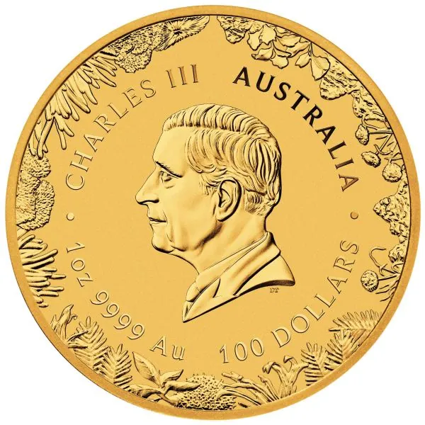 1 Unze Goldmünze Australien 2026 Wonders of Australia The Outback aus 999,9er Gold, Motiv zeigt australische Tierwelt im Outback, Wertseite mit Porträt von König Charles III.