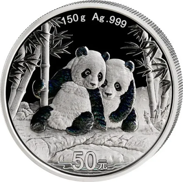 150 Gramm Silbermünze China 2026 Panda in Polierter Platte mit irisierender Farbveredelung, Sammlermünze in Box mit Zertifikat, detailreiches Panda-Motiv