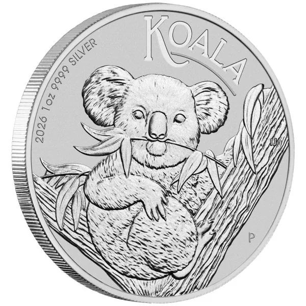 1 Unze Silbermünze Australien 2026 Koala aus 999,9er Feinsilber, Bullionausgabe der Perth Mint mit Koala-Motiv und Porträt von König Charles III.