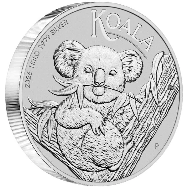 1 Kilo Silbermünze Australien 2026 Koala aus 999,9er Feinsilber, großformatige Bullionausgabe der Perth Mint mit Koala-Motiv und Porträt von König Charles III.