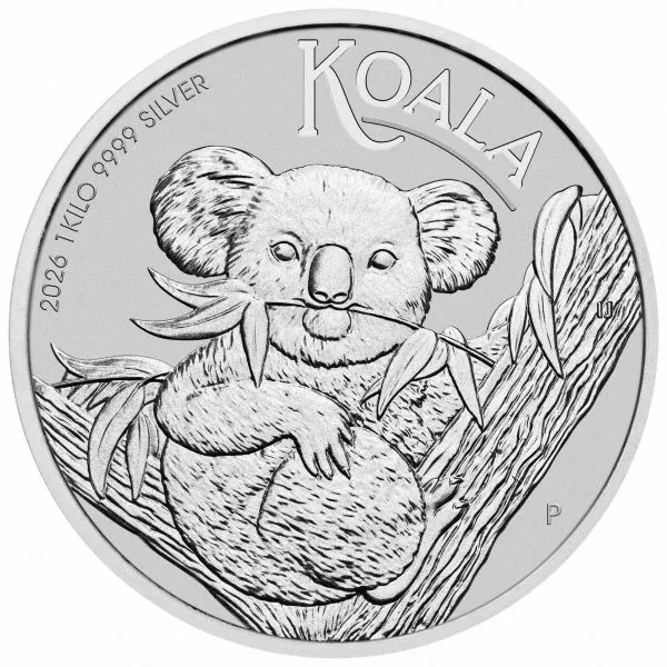 1 Kilo Silbermünze Australien 2026 Koala aus 999,9er Feinsilber, großformatige Bullionausgabe der Perth Mint mit Koala-Motiv und Porträt von König Charles III.