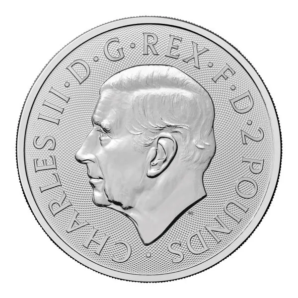 1 Unze Silbermünze Großbritannien 2026 mit dem Motiv Löwe und Adler, geprägt in 999er Feinsilber, Wertseite mit Porträt von König Charles III.