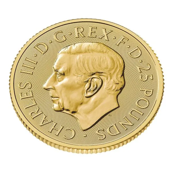 „1/4 Unze Goldmünze Großbritannien 2026 – Britannia mit Porträt von König Charles III. Vorderseite zeigt das offizielle Porträt des Königs, Rückseite die klassische Darstellung der Britannia.“