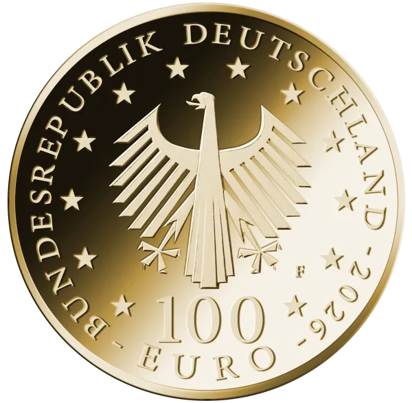 „Deutschland 100 Euro Gold Gedenkmünze 2025, Motiv: Aus dem Leben eines Taugenichts, dritte Ausgabe der Serie Meisterwerke der Deutschen Literatur, Vorderseite mit Bundesadler, Rückseite mit künstlerischer Darstellung aus dem Werk, Auflage 66.000 Stück, P