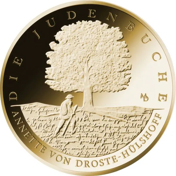„Deutschland 100 Euro Gold Gedenkmünze 2025, Motiv: Aus dem Leben eines Taugenichts, dritte Ausgabe der Serie Meisterwerke der Deutschen Literatur, Vorderseite mit Bundesadler, Rückseite mit künstlerischer Darstellung aus dem Werk, Auflage 66.000 Stück, P