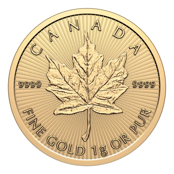 1 Gramm Goldmünze Kanada Maple Leaf Maplegram aus 999,9er Feingold mit dem berühmten Ahornblatt-Motiv der Royal Canadian Mint in Originalverpackung.