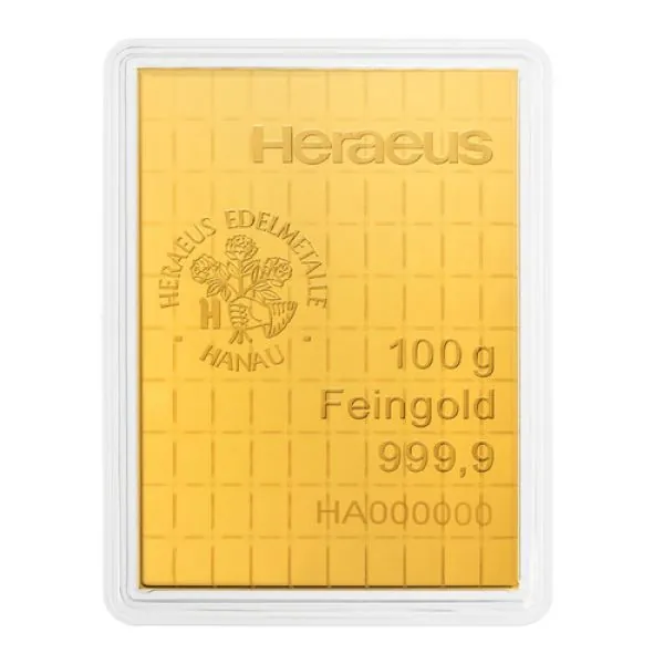 100 x 1 Gramm CombiBar Goldtafel von Heraeus aus 999,9 Feingold im Originalblister. Die Goldtafel besteht aus 100 einzeln abtrennbaren 1-Gramm-Goldbarren mit LBMA-Zertifizierung.