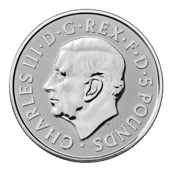 „Silbermünze 2026 aus Großbritannien mit dem Motiv ‚The Queen’s Lion‘. Majestätischer Löwe in detailreicher Prägung, 2-Unzen-Format, glatter Rand, hochwertige Silberoberfläche.“
