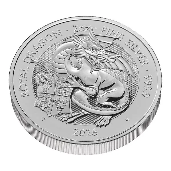 „Silbermünze 2026 aus Großbritannien mit dem Motiv ‚The Queen’s Lion‘. Majestätischer Löwe in detailreicher Prägung, 2-Unzen-Format, glatter Rand, hochwertige Silberoberfläche.“