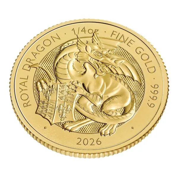 Goldmünze 1/4 oz aus Großbritannien, Motiv ‚The Queen’s Lion‘ mit heraldischem Löwen. Glänzende 999,9-Goldoberfläche, moderne Prägung, rundes Münzformat.