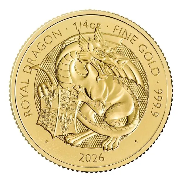 Goldmünze 1/4 oz aus Großbritannien, Motiv ‚The Queen’s Lion‘ mit heraldischem Löwen. Glänzende 999,9-Goldoberfläche, moderne Prägung, rundes Münzformat.