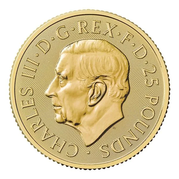 Goldmünze 1/4 oz aus Großbritannien, Motiv ‚The Queen’s Lion‘ mit heraldischem Löwen. Glänzende 999,9-Goldoberfläche, moderne Prägung, rundes Münzformat.