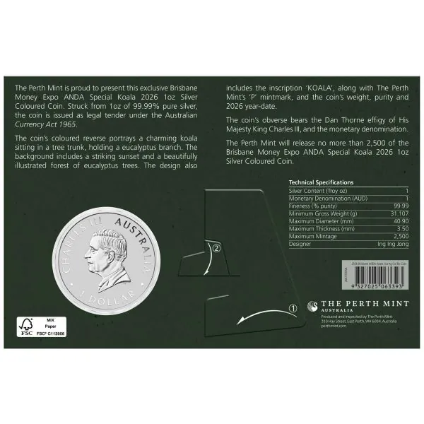 1 Unze Silbermünze Australien 2026 Blister in Farbe - Koala | Brisbane Money Expo ANDA Special