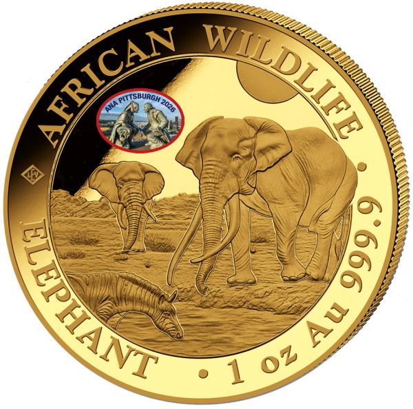 Unze Goldmünze Somalia 2026 Elefant mit Botanical Garden Privy Mark zur World Money Fair Berlin, geprägt in 999,9 Feingold, geliefert im Etui mit durchnummeriertem Zertifikat.
