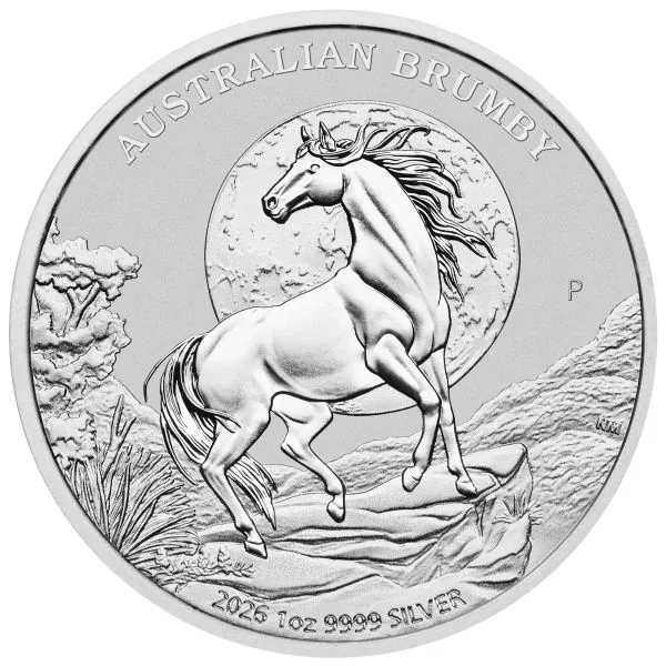 1 Unze Silbermünze Australien 2026 „Brumby“ der Perth Mint. Das Motiv zeigt ein australisches Wildpferd auf einer Felsformation vor einem Vollmond und einer felsigen Landschaft. 7. Ausgabe der Brumby-Serie.
