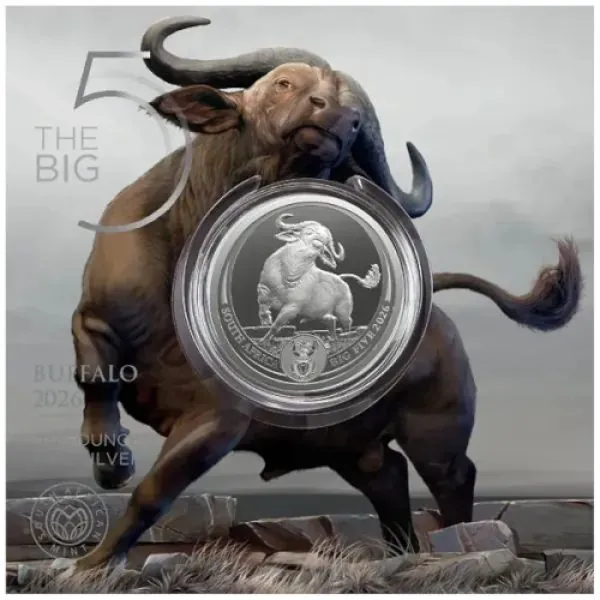 1 Unze Silbermünze Südafrika 2026 „Big Five III – Büffel“ im originalen Blister. Das Motiv zeigt einen afrikanischen Büffel in vollständiger Darstellung mit kräftigen Hörnern. 5. Ausgabe der Big Five Serie III, Nennwert 5 Rand