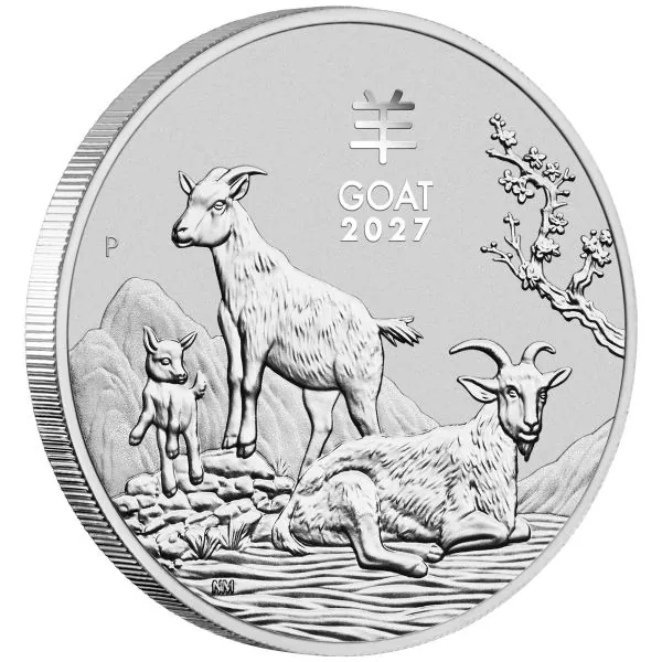 5 Unzen Silbermünze Australien 2027 „Ziege“ der Perth Mint. Das Motiv zeigt drei Ziegen in einer Landschaft mit einem Pflaumenblütenbaum.