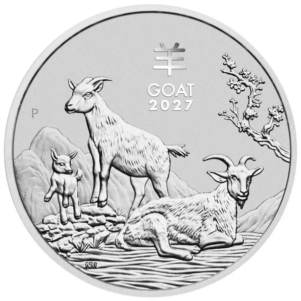 5 Unzen Silbermünze Australien 2027 „Ziege“ der Perth Mint. Das Motiv zeigt drei Ziegen in einer Landschaft mit einem Pflaumenblütenbaum.