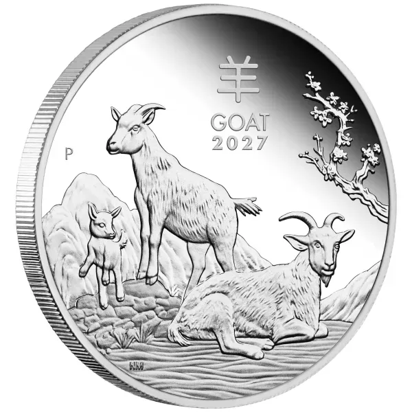 1 oz Silbermünze Australien 2027 „Jahr der Ziege“ der Perth Mint. 999,9 Feinsilber, Polierte Platte, Lunar Serie III, Auflage 5.000 Stück.