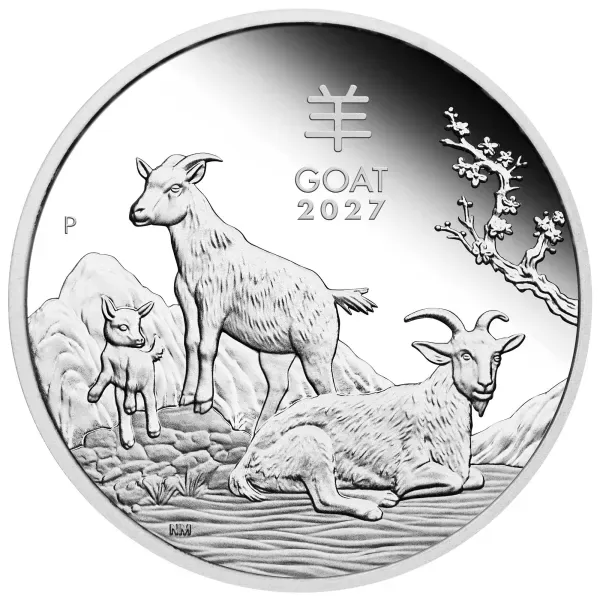 1 oz Silbermünze Australien 2027 „Jahr der Ziege“ der Perth Mint. 999,9 Feinsilber, Polierte Platte, Lunar Serie III, Auflage 5.000 Stück.