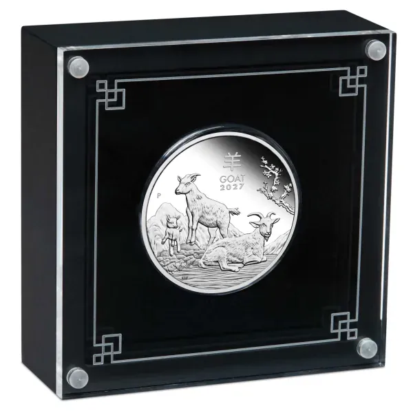 1 oz Silbermünze Australien 2027 „Jahr der Ziege“ der Perth Mint. 999,9 Feinsilber, Polierte Platte, Lunar Serie III, Auflage 5.000 Stück.
