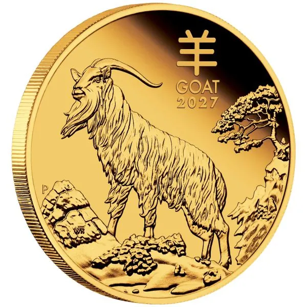 1/10 Unze Goldmünze Australien 2027 „Jahr der Ziege“ der Perth Mint aus der Lunar Serie III in Polierter Platte. Das Motiv zeigt eine Ziege auf einer felsigen Berglandschaft mit einem einzelnen Baum im Hintergrund.