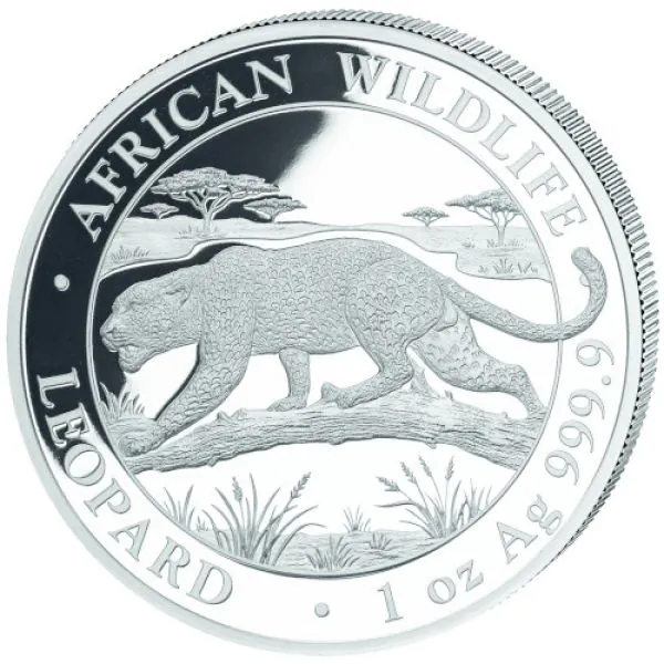 1 Unze Silbermünze Somalia 2026 aus der Serie African Wildlife mit dem Motiv eines Leoparden, der über einen Baumstamm schreitet. Im Hintergrund sind eine afrikanische Savannenlandschaft und Akazienbäume zu sehen. Auf der Münze stehen die Angaben African