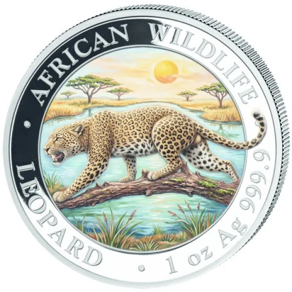 1 Unze Silbermünze Somalia 2026 aus der Serie African Wildlife mit farbig gestaltetem Leopardenmotiv. Der Leopard schreitet über einen Baumstamm. Die Münze trägt die Aufschriften African Wildlife, Leopard und 1 oz Ag 999.9. Auf der gegenüberliegenden Seit