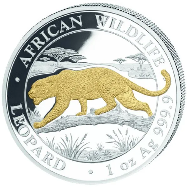 1 Unze Silbermünze Somalia 2026 aus der Serie African Wildlife mit dem Motiv eines Leoparden auf einem Baumstamm. Teile des Leopardenmotivs und der Münzgestaltung sind vergoldet. Im Hintergrund ist eine afrikanische Landschaft dargestellt. Auf der Münze s