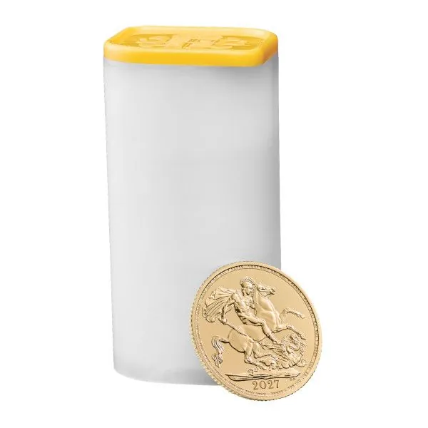 Goldmünze Großbritannien 2026 mit St.-George-und-Drache-Motiv auf der Vorderseite. Rückseite zeigt König Charles III. mit Latentbild und Halbton-Effekt im Randbereich. Mikrogravur am Münzrand der Vorderseite.