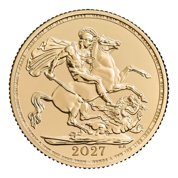 Goldmünze Großbritannien 2026 mit St.-George-und-Drache-Motiv auf der Vorderseite. Rückseite zeigt König Charles III. mit Latentbild und Halbton-Effekt im Randbereich. Mikrogravur am Münzrand der Vorderseite.