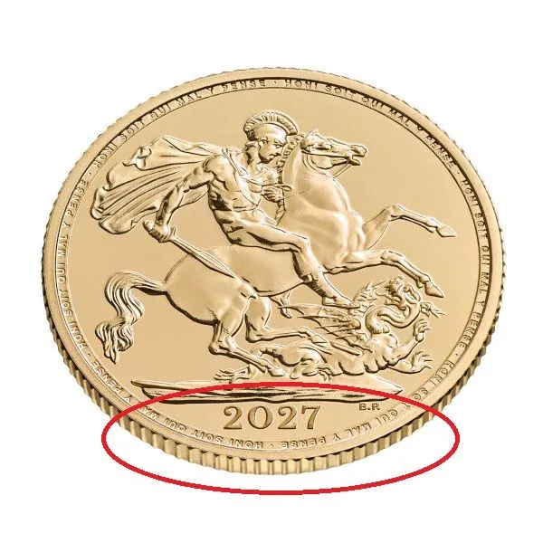 Goldmünze Großbritannien 2026 mit St.-George-und-Drache-Motiv auf der Vorderseite. Rückseite zeigt König Charles III. mit Latentbild und Halbton-Effekt im Randbereich. Mikrogravur am Münzrand der Vorderseite.