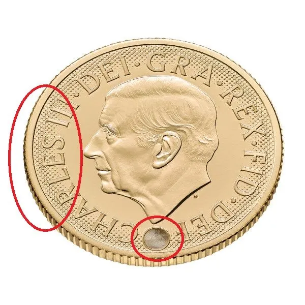 Goldmünze Großbritannien 2026 mit St.-George-und-Drache-Motiv auf der Vorderseite. Rückseite zeigt König Charles III. mit Latentbild und Halbton-Effekt im Randbereich. Mikrogravur am Münzrand der Vorderseite.