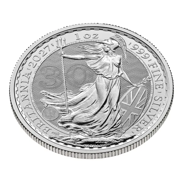 Britannische 1 Unze Silber Britannia des Jahres 2027. Die Motivseite zeigt Britannia mit Helm, Schild, Olivenzweig und Dreizack. Die Jubiläumsausgabe trägt das „30“ Wave Privy Mark und eine strukturierte Hintergrundgestaltung.