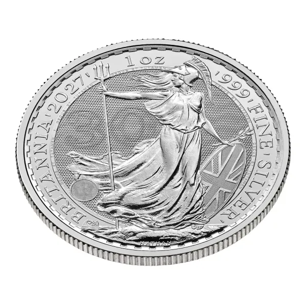 Britannische 1 Unze Silber Britannia des Jahres 2027. Die Motivseite zeigt Britannia mit Helm, Schild, Olivenzweig und Dreizack. Die Jubiläumsausgabe trägt das „30“ Wave Privy Mark und eine strukturierte Hintergrundgestaltung.