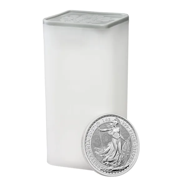 Britannische 1 Unze Silber Britannia des Jahres 2027. Die Motivseite zeigt Britannia mit Helm, Schild, Olivenzweig und Dreizack. Die Jubiläumsausgabe trägt das „30“ Wave Privy Mark und eine strukturierte Hintergrundgestaltung.